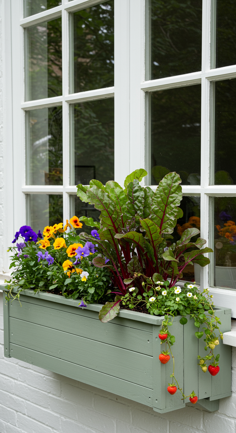 Fensterkasten bepflanzt mit Mangold, Stiefmütterchen und Erdbeeren.