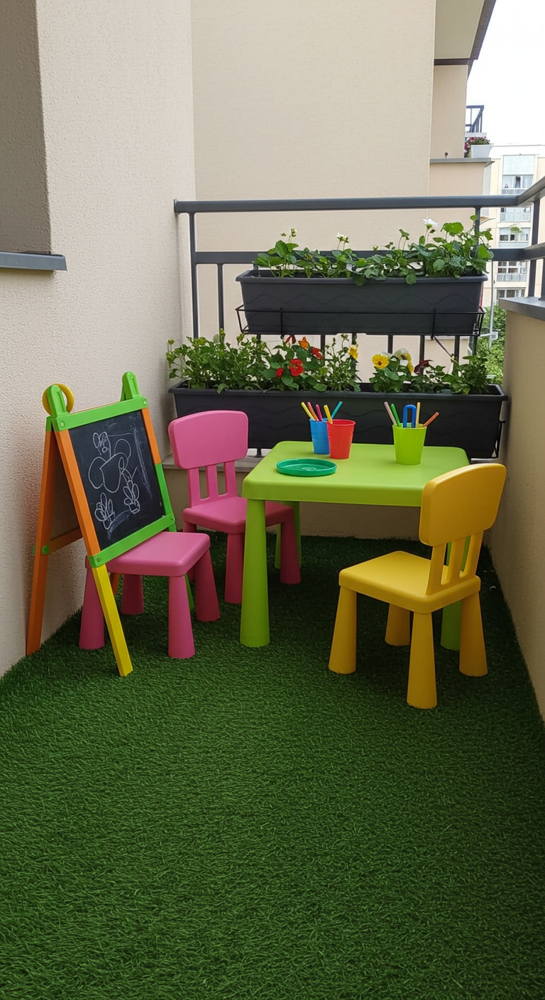 Kinderfreundlicher Balkon mit kleinem Tisch, bunten Stühlen, Tafel und Kunstrasen.