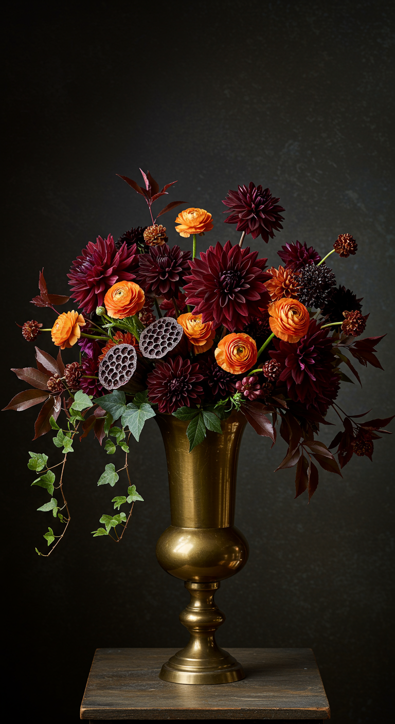 Üppiger Herbststrauß in dunklen Rot- und Orangetönen mit Blättern in einer Messingvase.