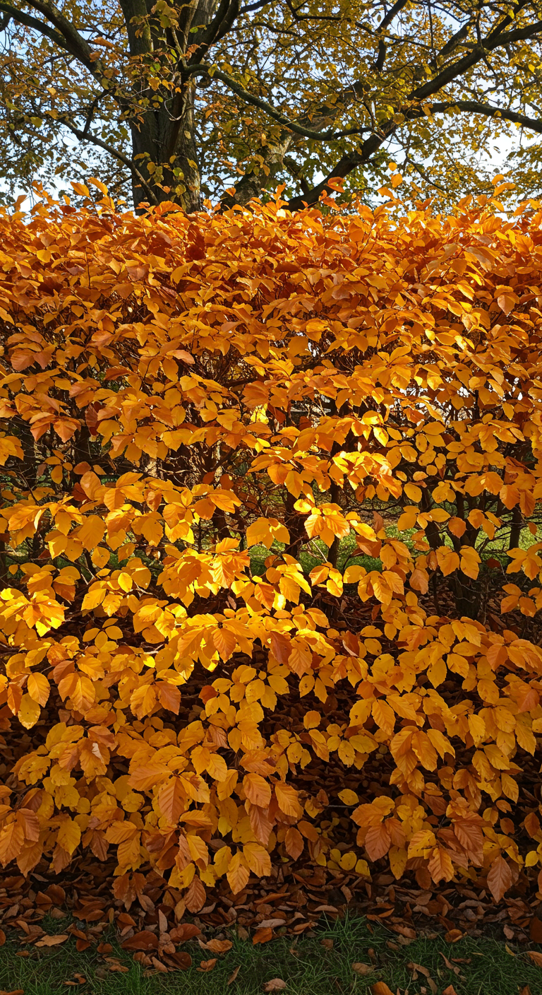 Buchenhecke mit leuchtend gelb-orangem Herbstlaub.