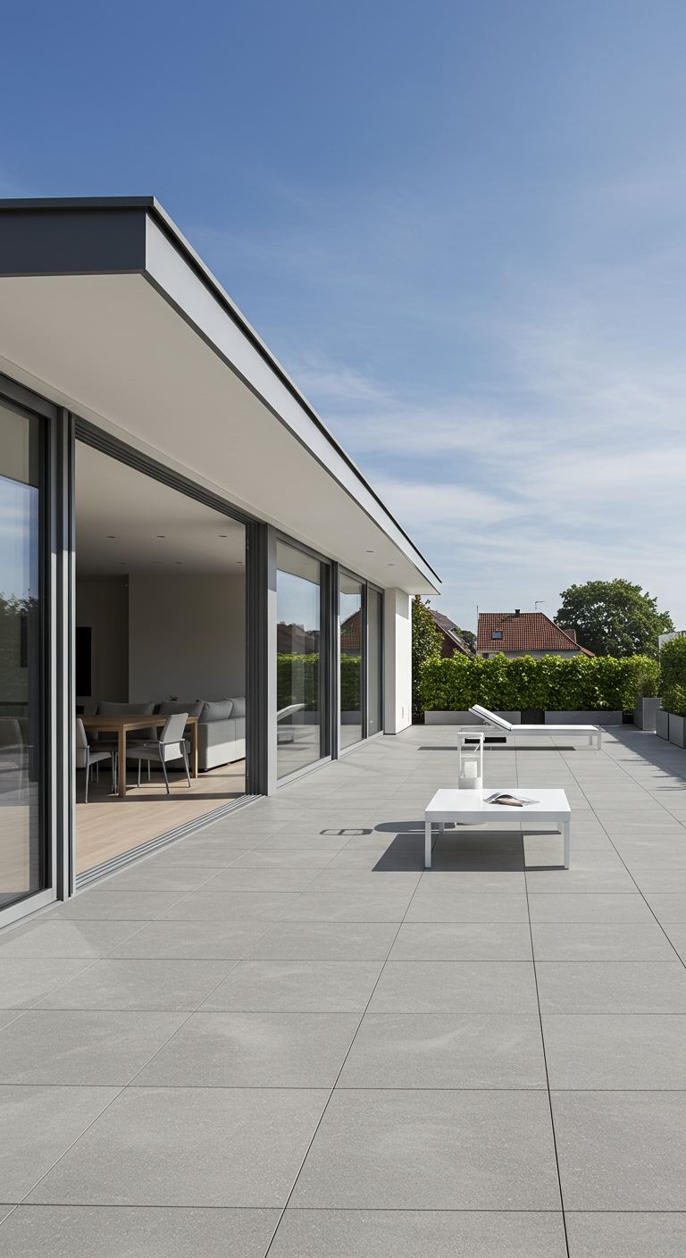 Große moderne Terrasse mit hellgrauen Fliesen und Loungemöbeln