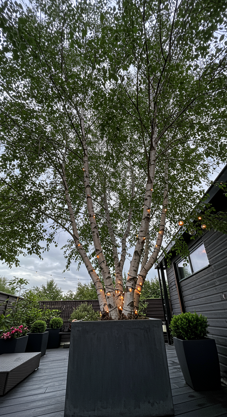Birke in einem großen Kübel, deren Stämme mit einer Lichterkette umwickelt sind.