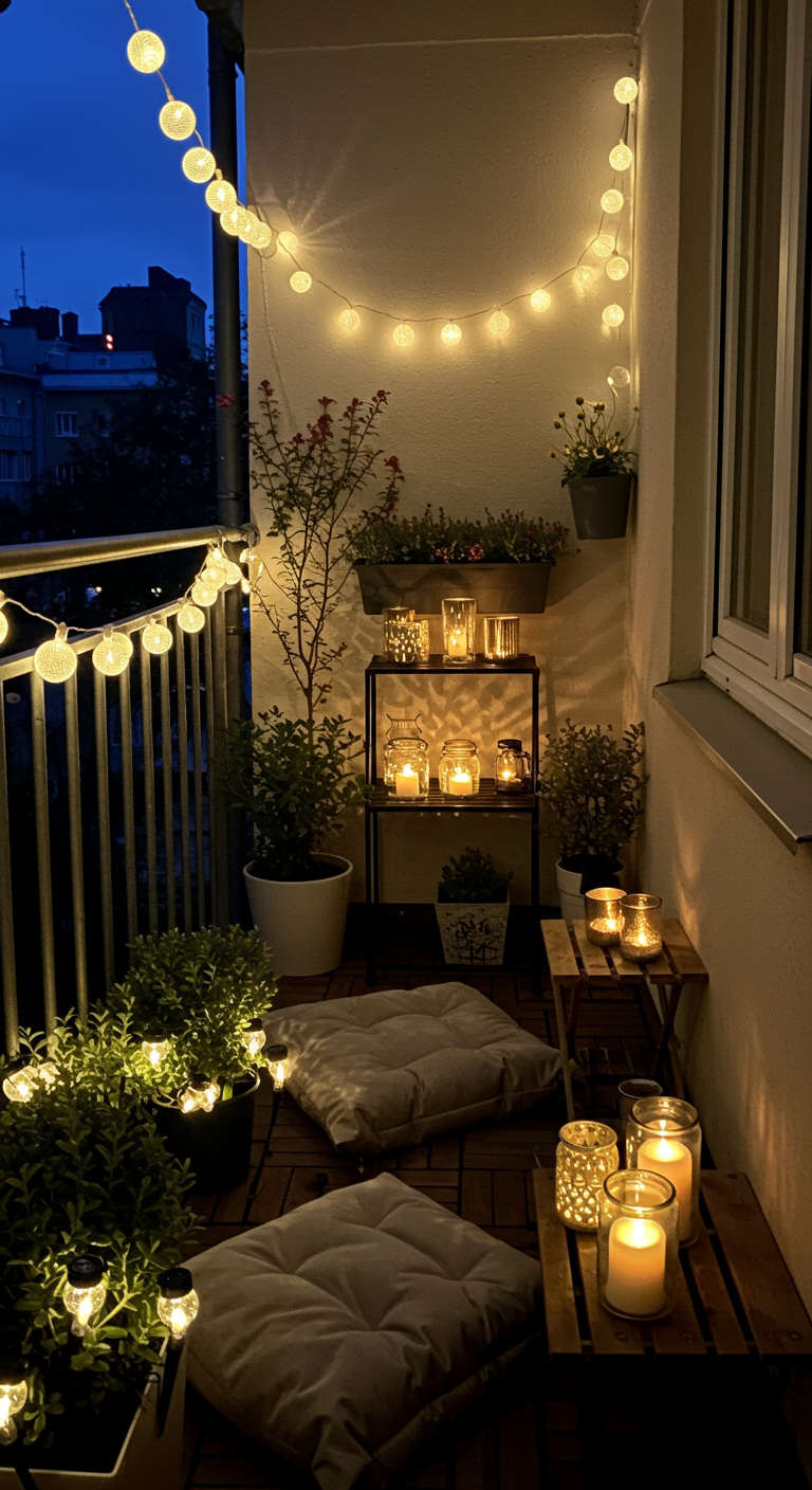 Stimmungsvoll beleuchteter Balkon bei Nacht mit vielen Lichterketten und Kerzen.