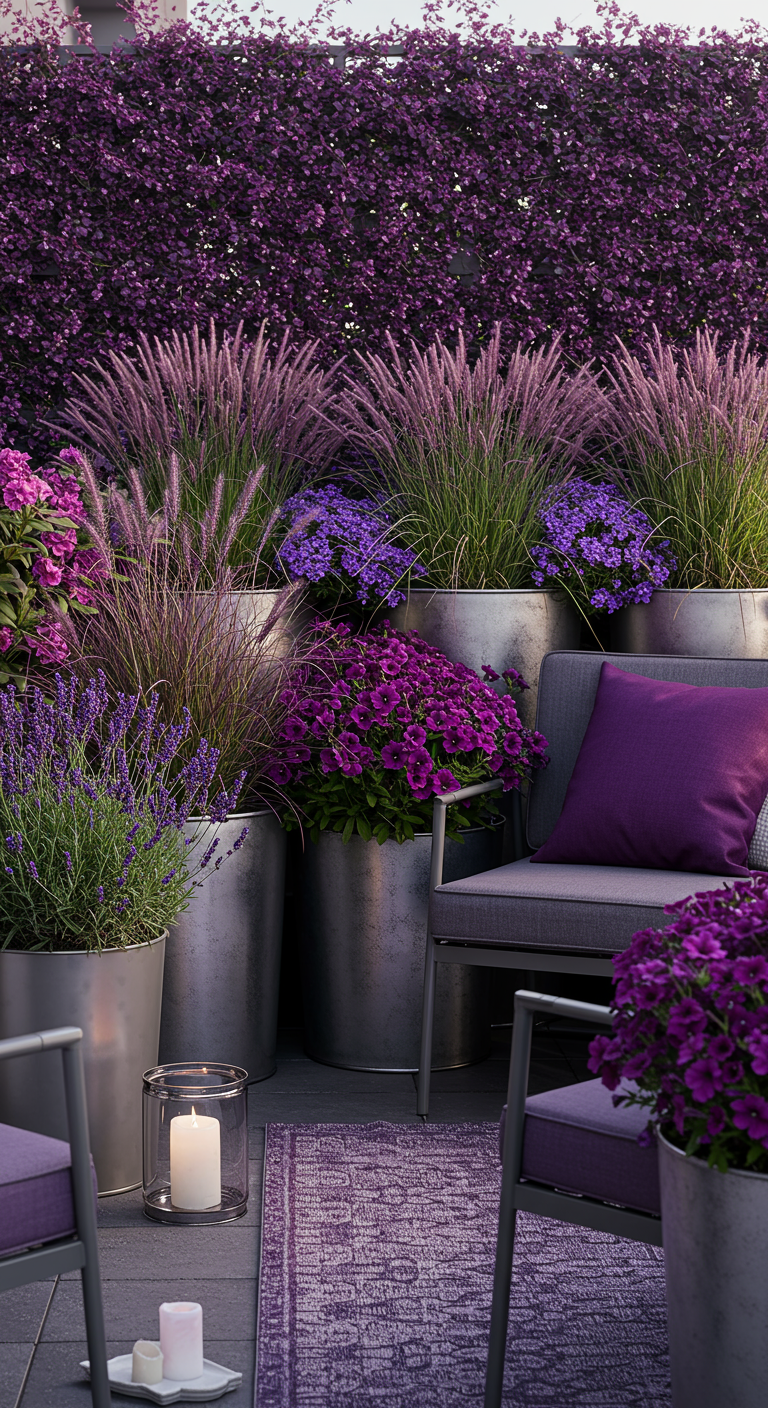 Balkon mit verschiedenen Pflanzen in Lila- und Violett-Tönen in Metallkübeln, graue Möbel.