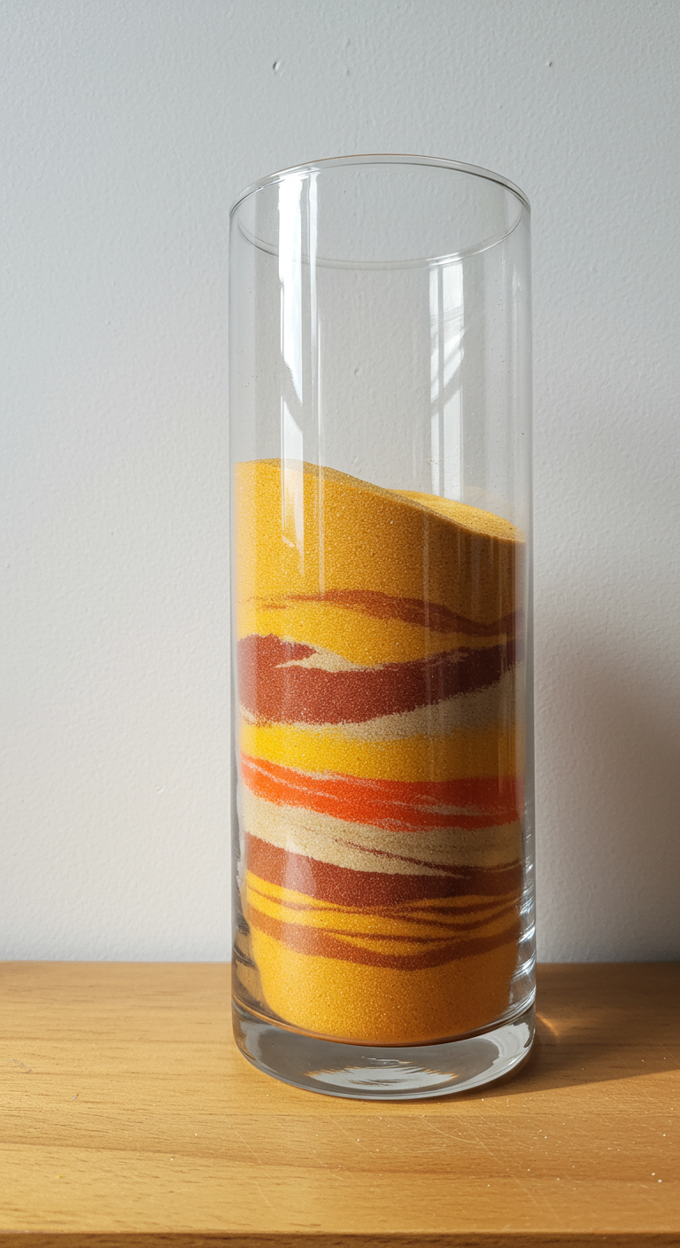 Hohe Glasvase auf einem Holzregal, gefüllt mit Schichten aus gelbem, orangem, braunem und beigem Sand.