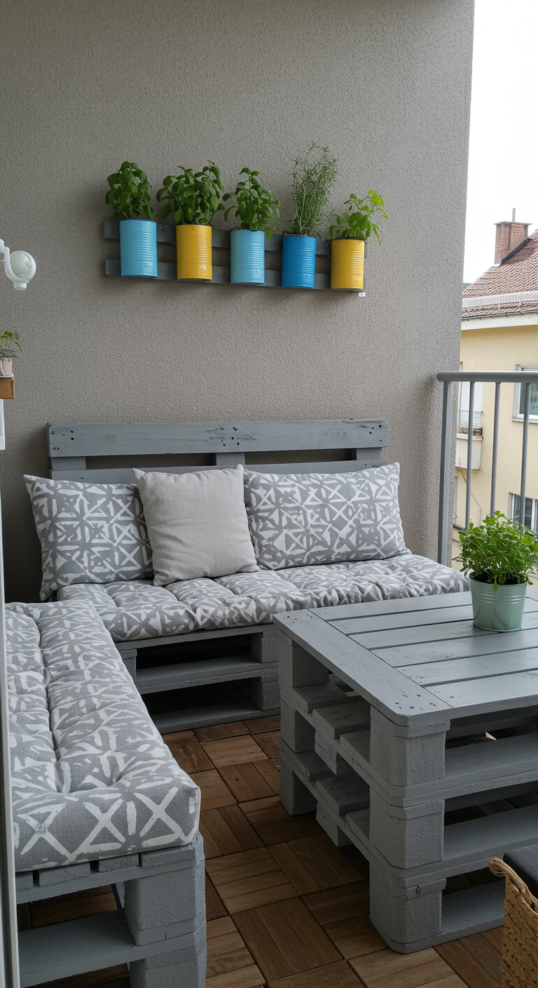 Grau gestrichene Palettenmöbel als Lounge-Ecke mit gemusterten Polstern und Palettentisch.