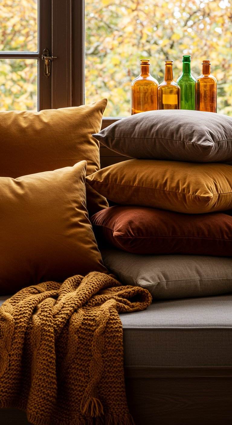 Gemütlicher Fensterplatz mit vielen Kissen in Herbstfarben und einer Strickdecke.