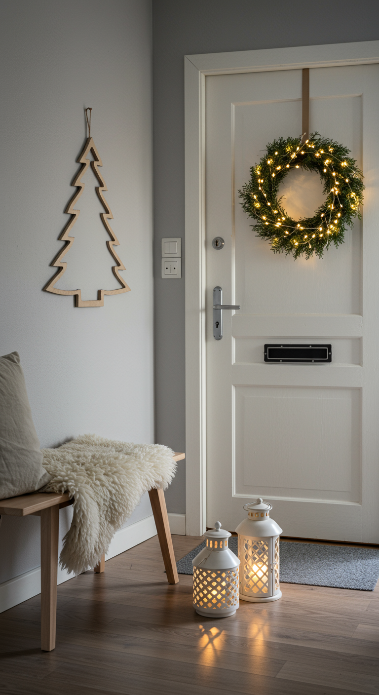 Weihnachtlich dekorierter Flur mit Lichterkranz an der Tür, Laternen und Holzdeko.