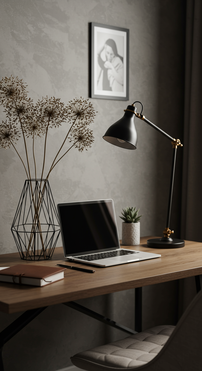Moderne schwarze Metallvase auf einem Schreibtisch, gefüllt mit getrockneten Allium-Blütenständen.