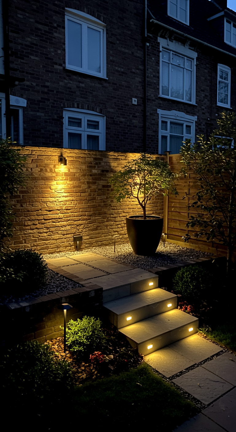 Gartenweg und Treppe bei Nacht, beleuchtet durch eingelassene Stufenleuchten und Bodenspots.