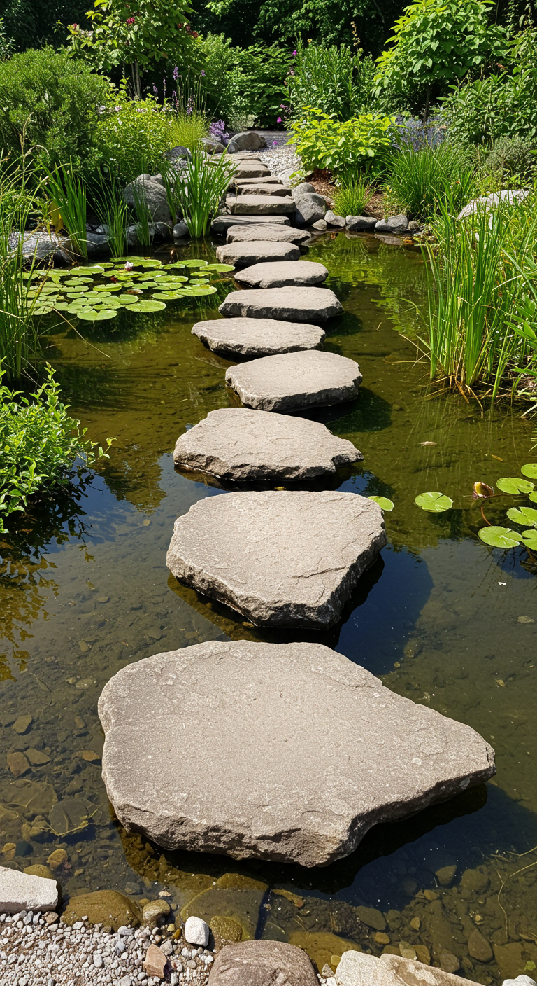 Große, flache Trittsteine führen als Weg durch einen Gartenteich mit Seerosen.