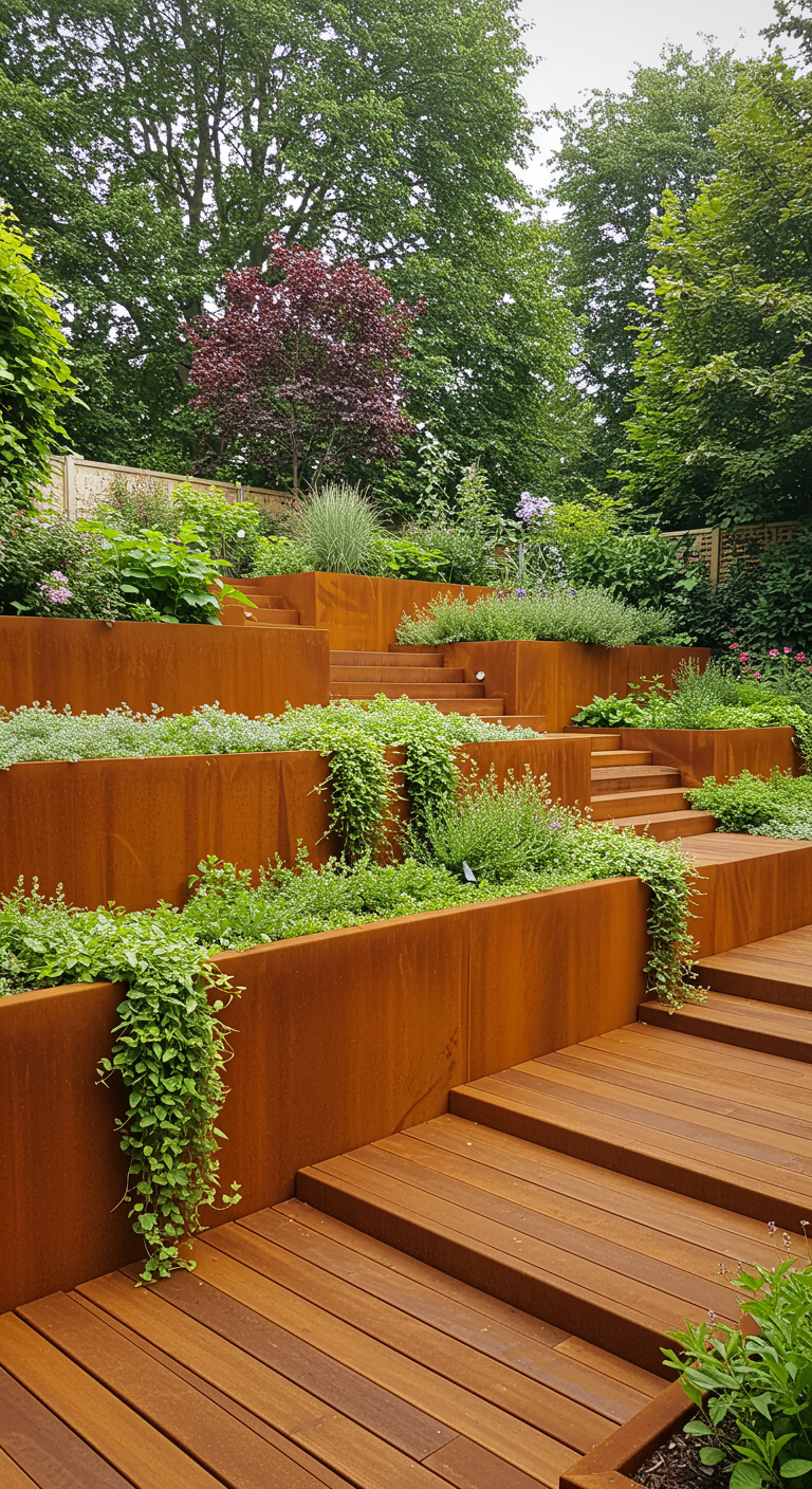 Terrassierter Hanggarten mit Stützmauern und Beeteinfassungen aus Cortenstahl und Holzstufen.