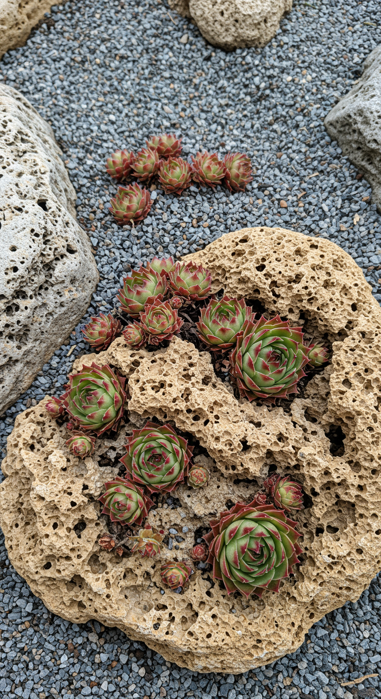 Hauswurz-Rosetten (Sempervivum) wachsen in den Löchern eines porösen Tuffsteins.