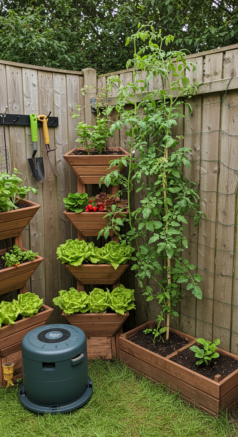 Vertikales Hochbeet aus Holz mit Salat, Erdbeeren und Tomatenpflanze neben einem Komposter.