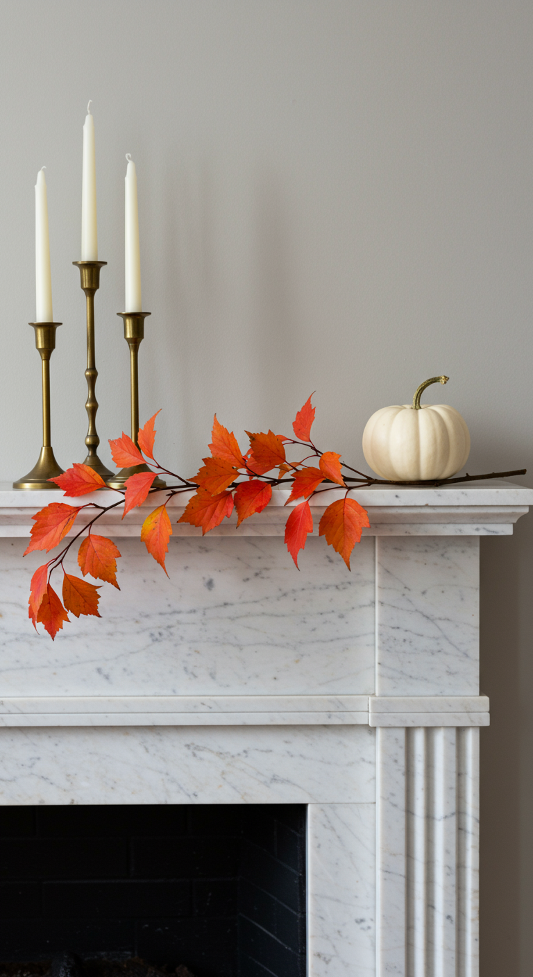 Minimalistische Herbstdeko auf Marmor-Kaminsims: Ast mit roten Blättern, weißer Kürbis, Kerzen.