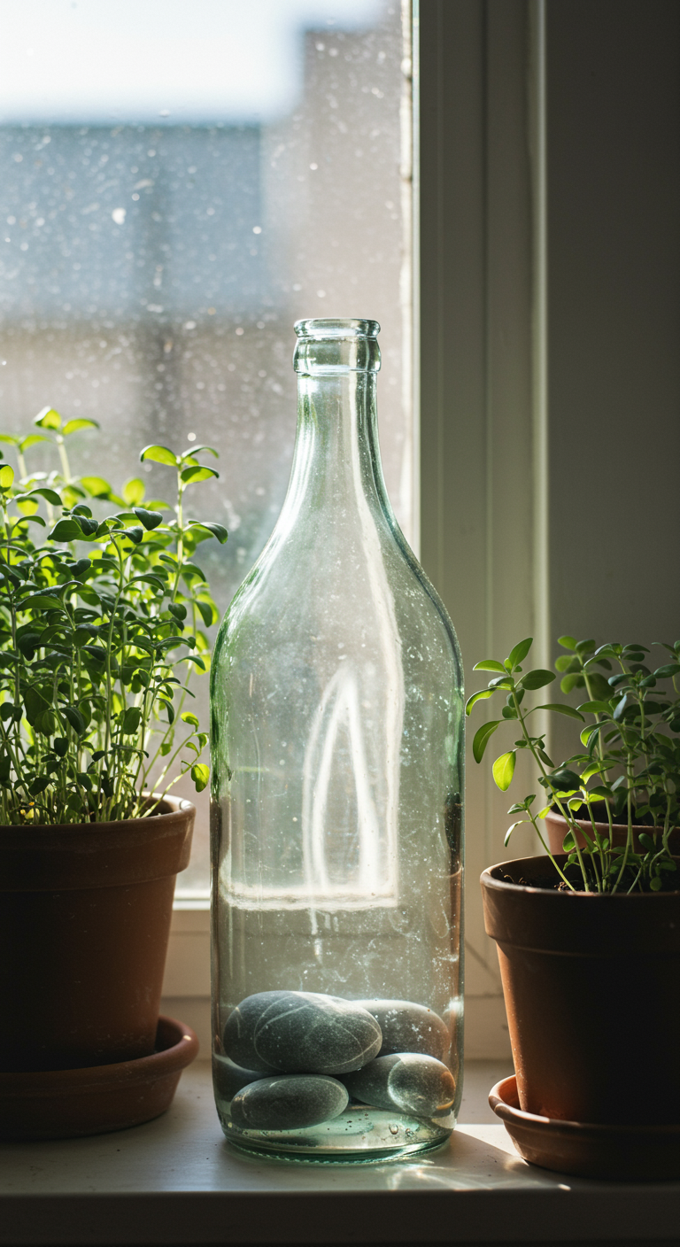 Alte grüne Glasflasche auf einer Fensterbank, mit ein paar Steinen am Boden, neben Kräutertöpfen.