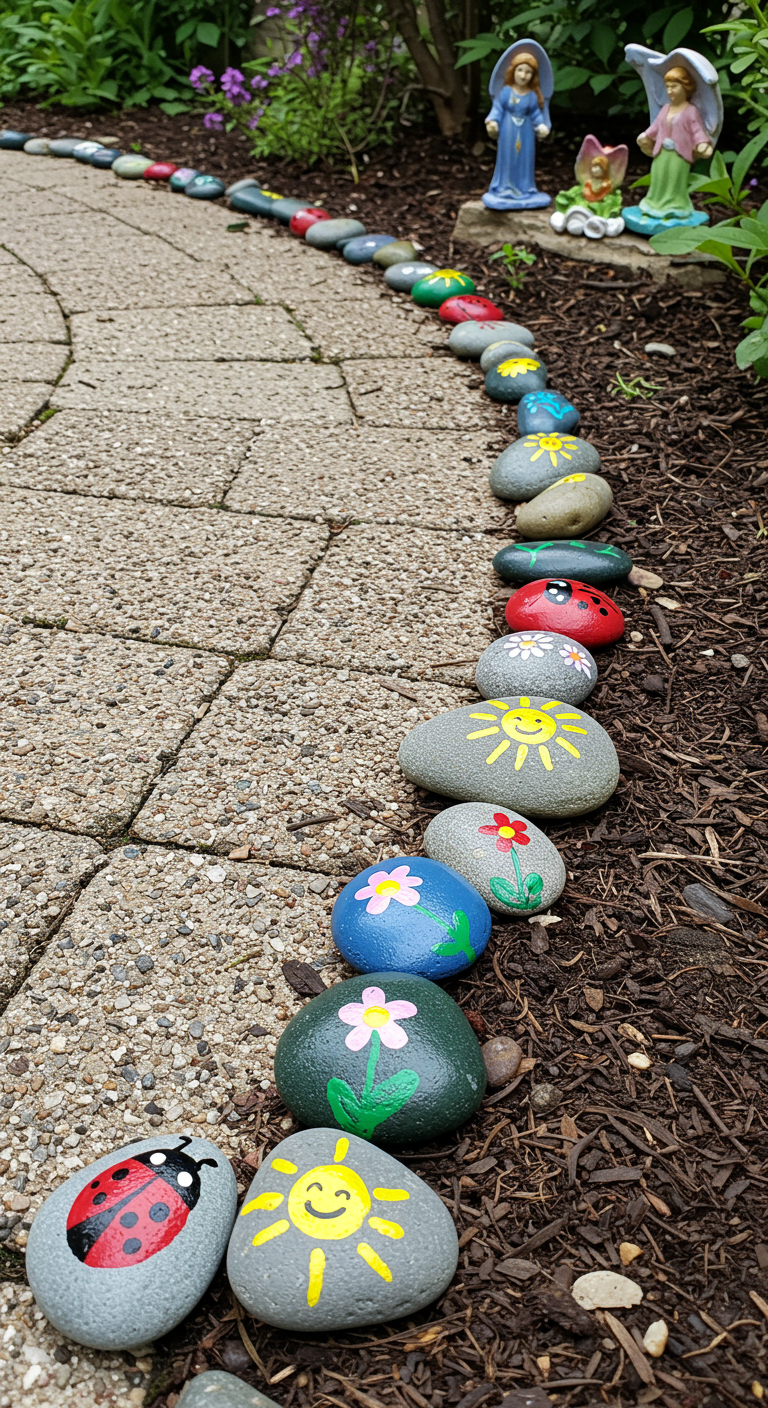 Reihe aus bunt bemalten Kieselsteinen (Marienkäfer, Sonne, Blumen) als Wegkante.