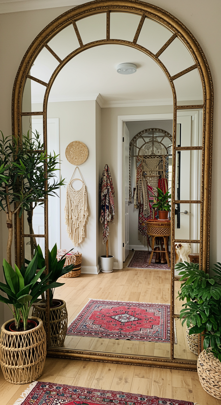 Großer Wandspiegel in Bogenform mit Goldrahmen in einem Boho-Flur.