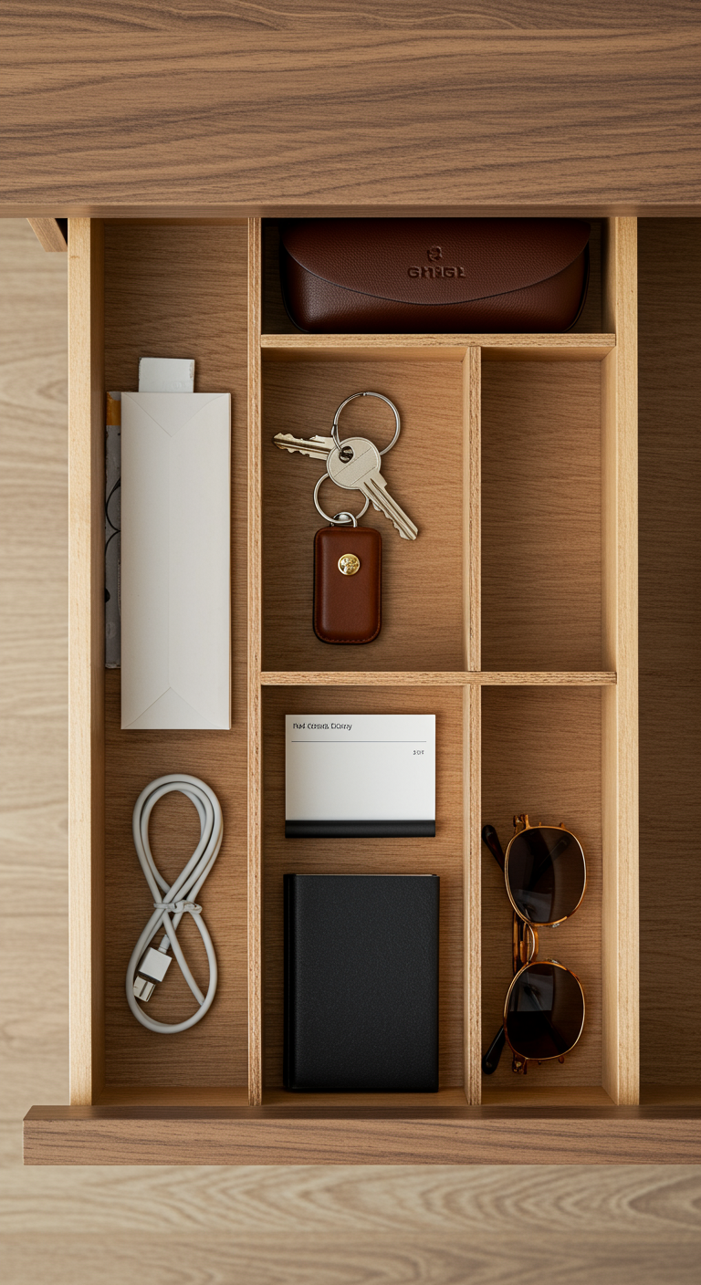 Offene Schublade mit Organizern für Schlüssel, Sonnenbrille, Kabel und Kleinigkeiten.
