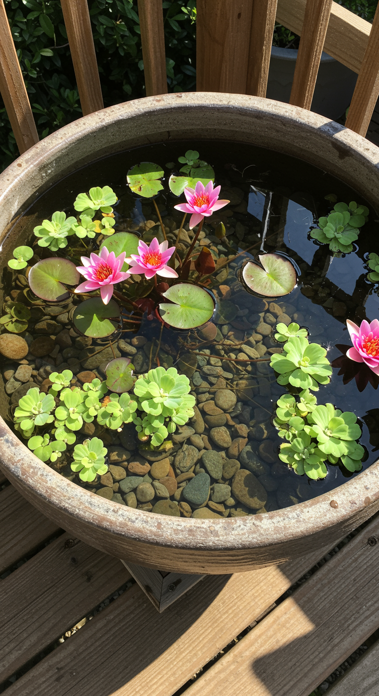 Mini-Teich in einem großen Keramiktopf mit blühenden Seerosen und Wasserpflanzen.