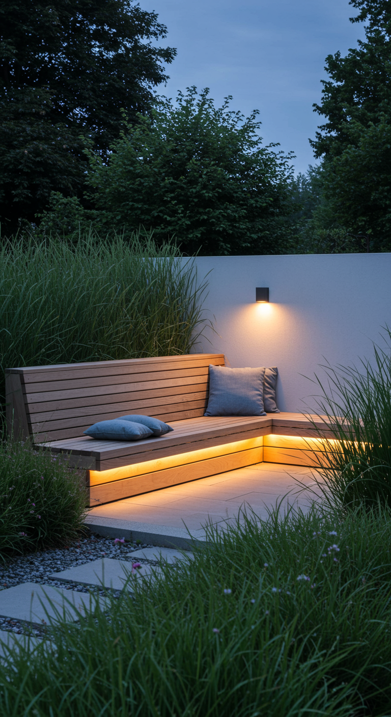 Beleuchtete Eckbank aus Holz mit Kissen im modernen Garten bei Nacht