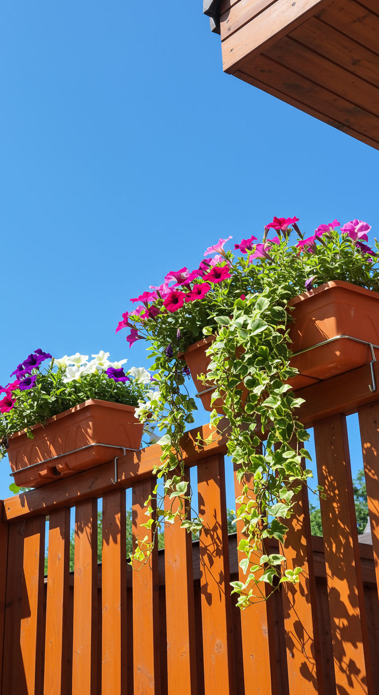 Bunte Blumenkästen mit Petunien und Efeu an einem Holzgeländer.