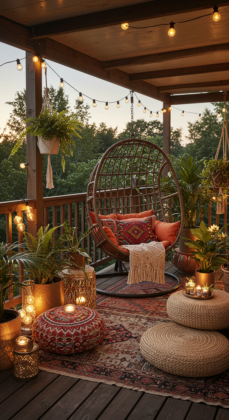 Gemütlicher Balkon im Boho-Stil mit Hängesessel, vielen Pflanzen, Teppichen und Lichterketten.