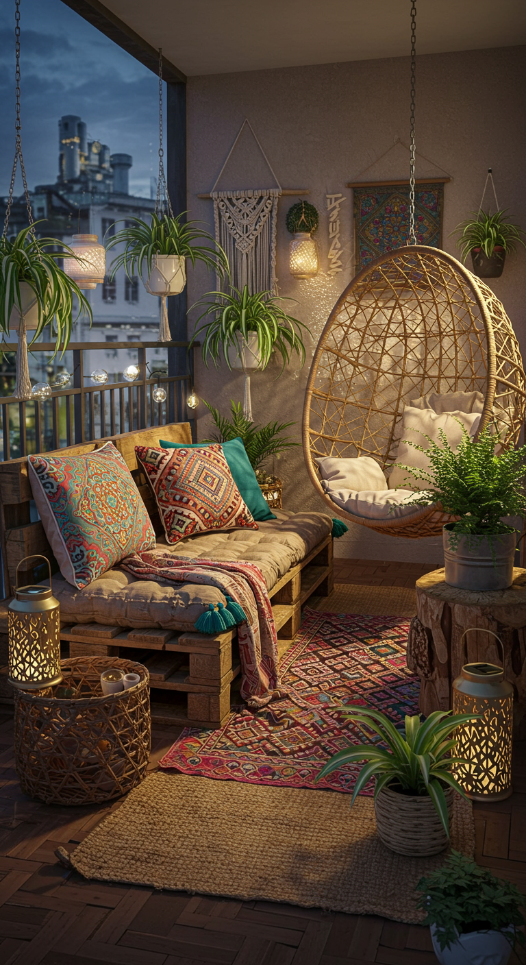Boho-Balkon bei Nacht mit Palettensofa, Hängesessel, Lichterketten und vielen Pflanzen.