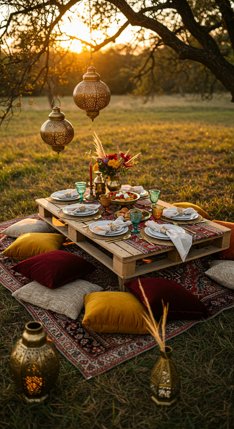 Niedriger Palettentisch mit Kissen und Laternen für ein Boho-Picknick im Freien bei Sonnenuntergang.