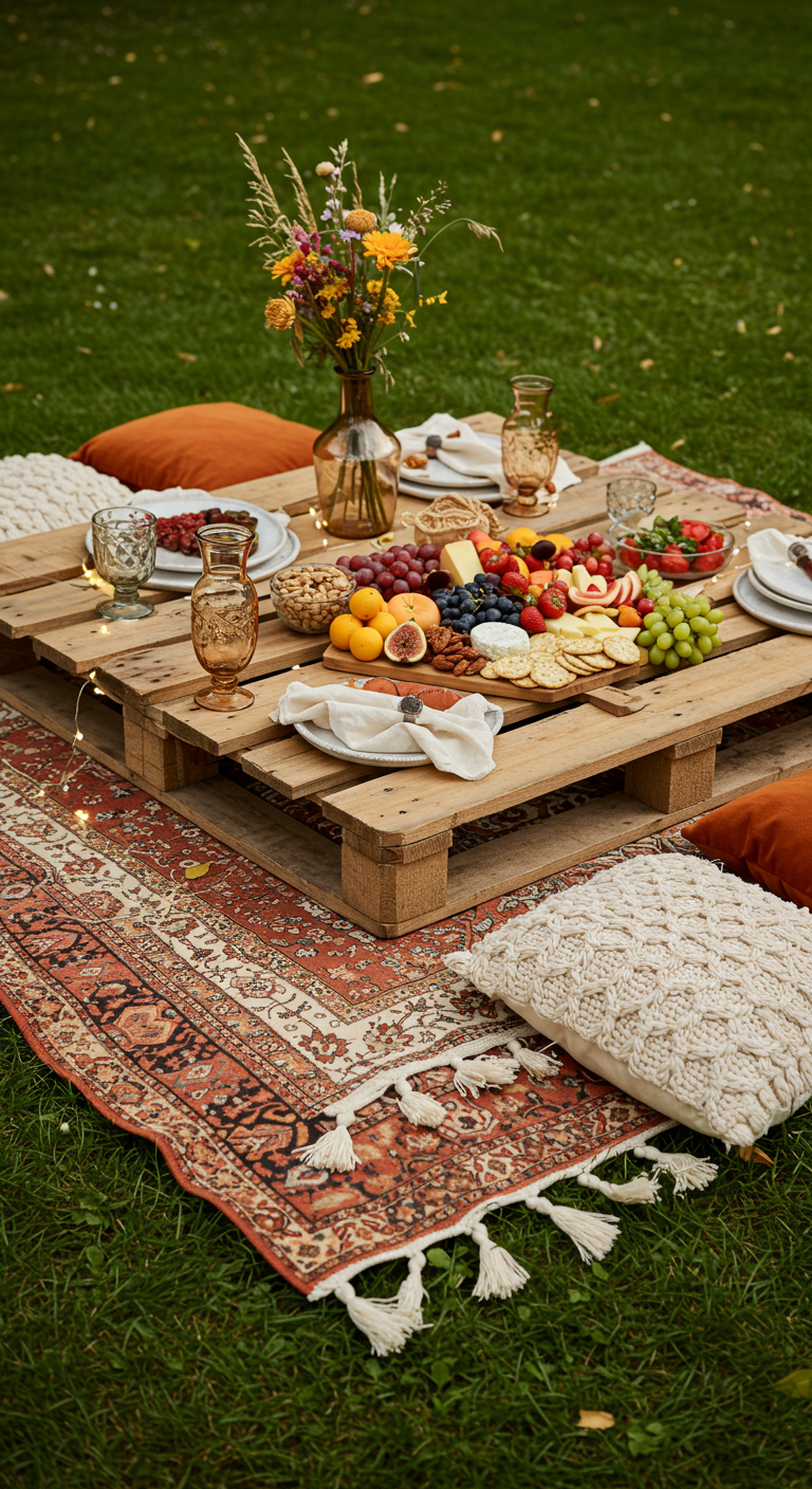 Boho-Picknick-Setup mit Holzpalette als Tisch, Teppich, Kissen und einer bunten Snackplatte.