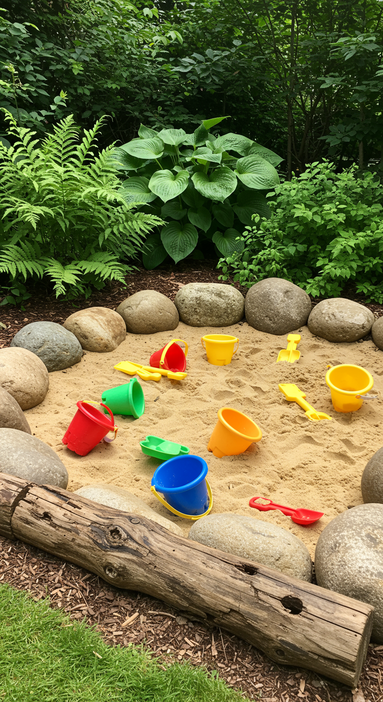 Sandkasten mit bunten Spielzeugen, eingefasst von großen runden Steinen und Baumstämmen.
