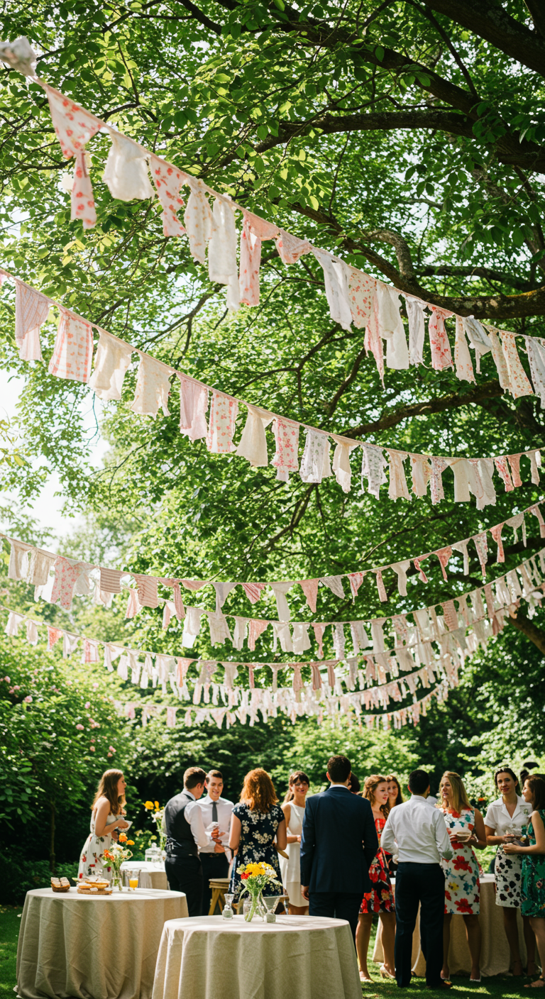 Farbenfrohe Girlande aus verschiedenen Stoffresten hängt zwischen Bäumen bei einer Gartenparty.