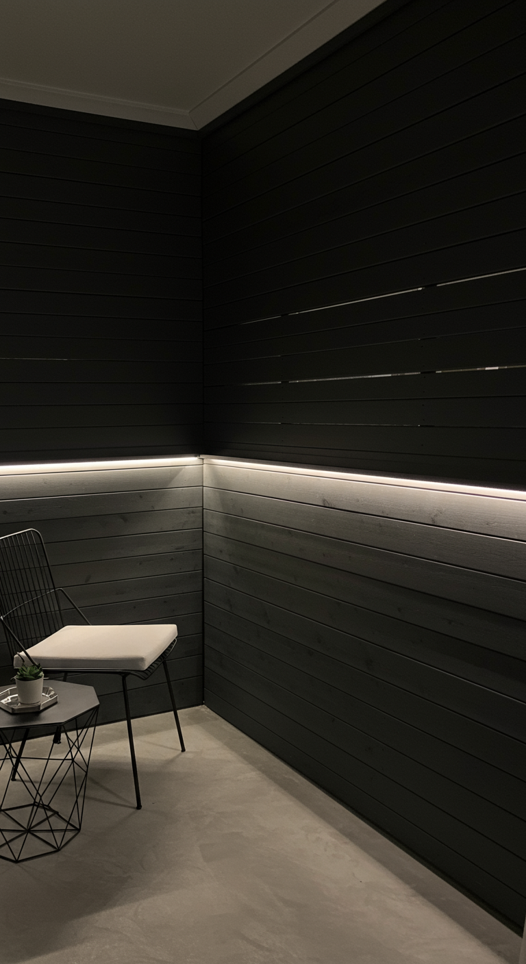 Moderner Balkon mit dunkler Holzverkleidung und indirekter LED-Beleuchtung.