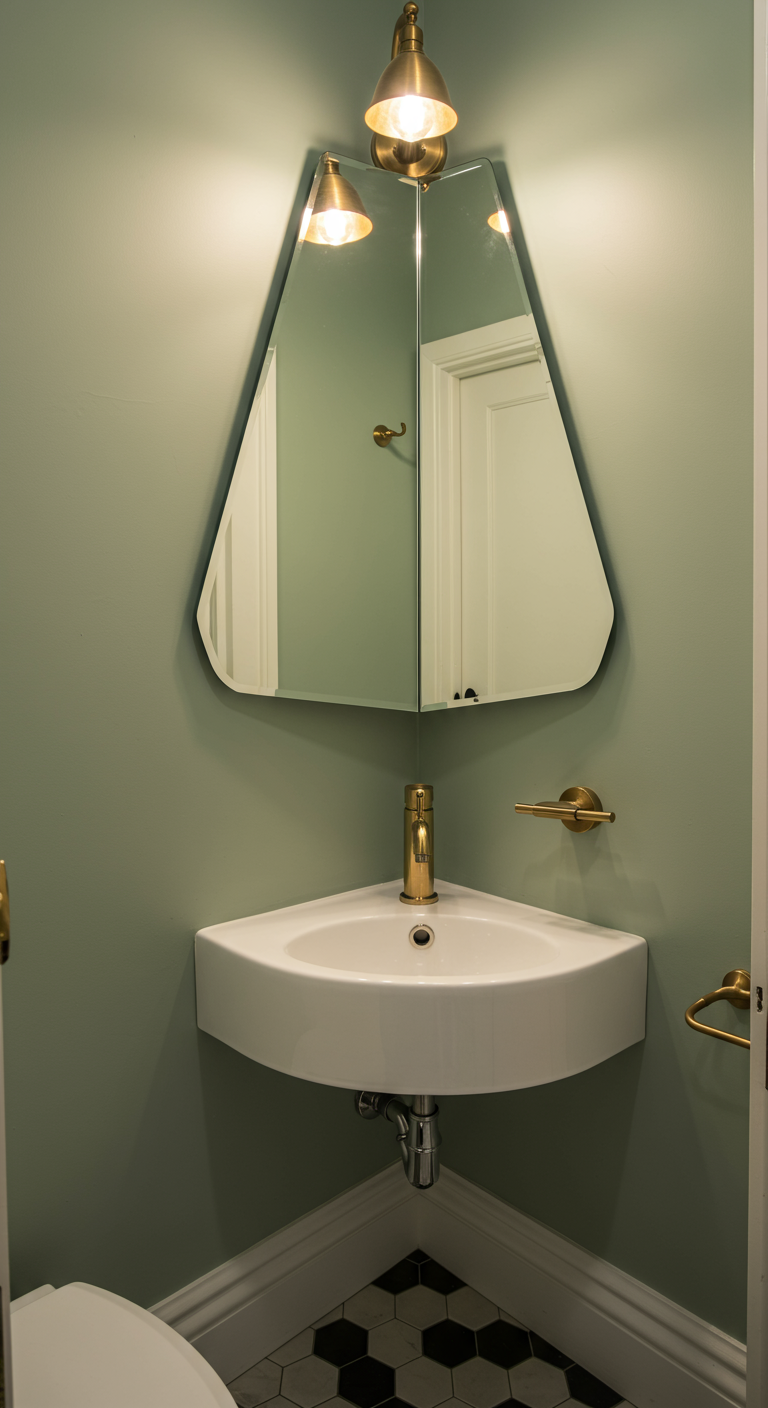 Kleines Eckwaschbecken mit goldenen Armaturen und Eckspiegel