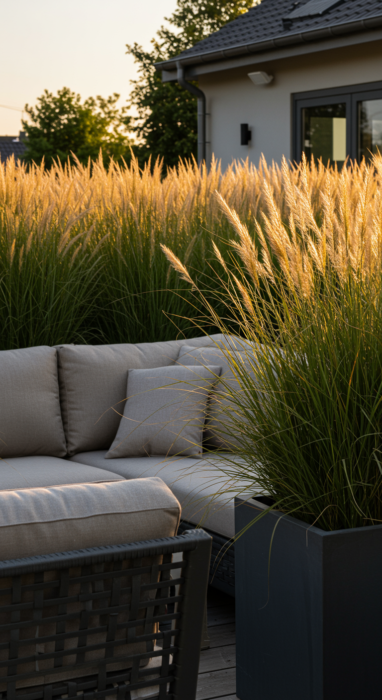 Hohe Ziergräser im Abendlicht hinter einer modernen Gartenlounge.
