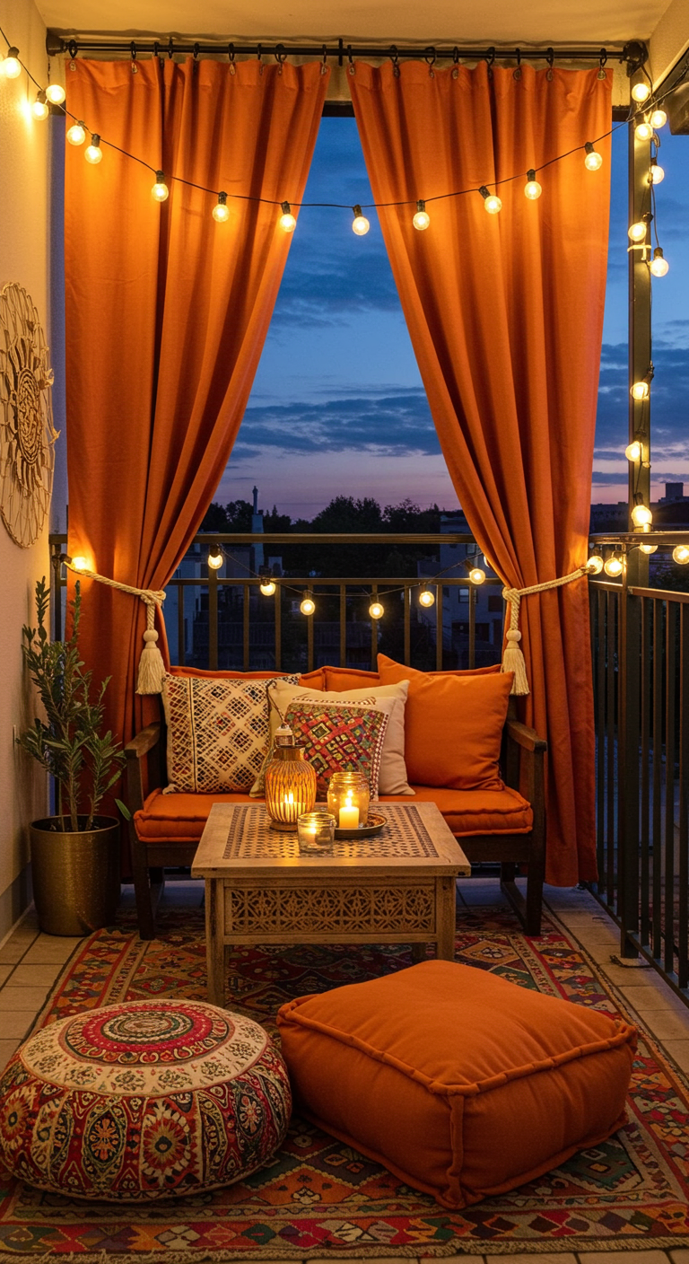 Balkon mit orangefarbenen Outdoor-Vorhängen und Lichterketten