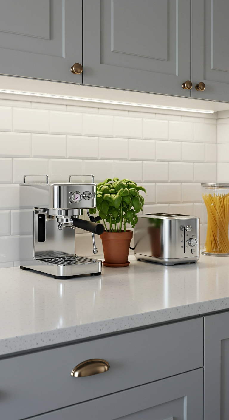 Aufgeräumte Küchenzeile mit Espressomaschine, Toaster und Basilikumtopf.