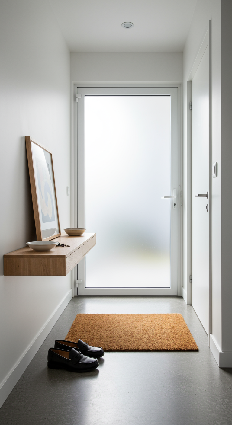 Aufgeräumter Flur mit Schuhregal, Garderobe und einer Schale für Schlüssel.