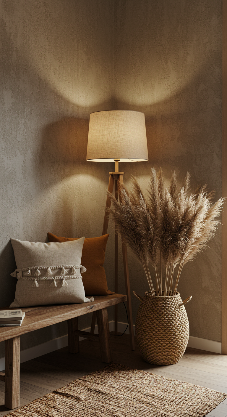 Holzbank mit Boho-Kissen, Stehlampe und Korb mit Pampasgras im Flur.