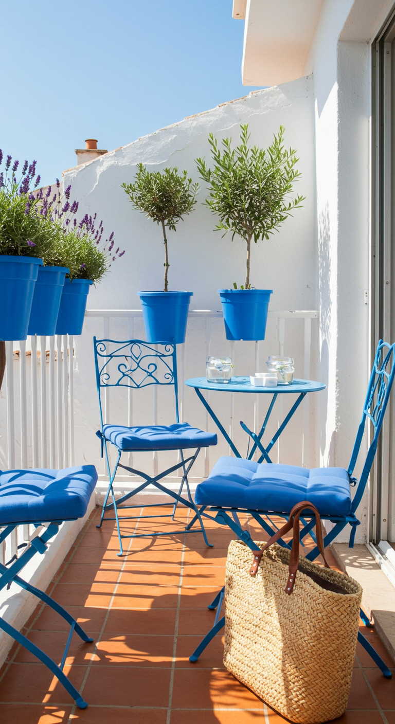Sonniger Balkon mit blauen Metallmöbeln, Lavendel und Olivenbäumchen.