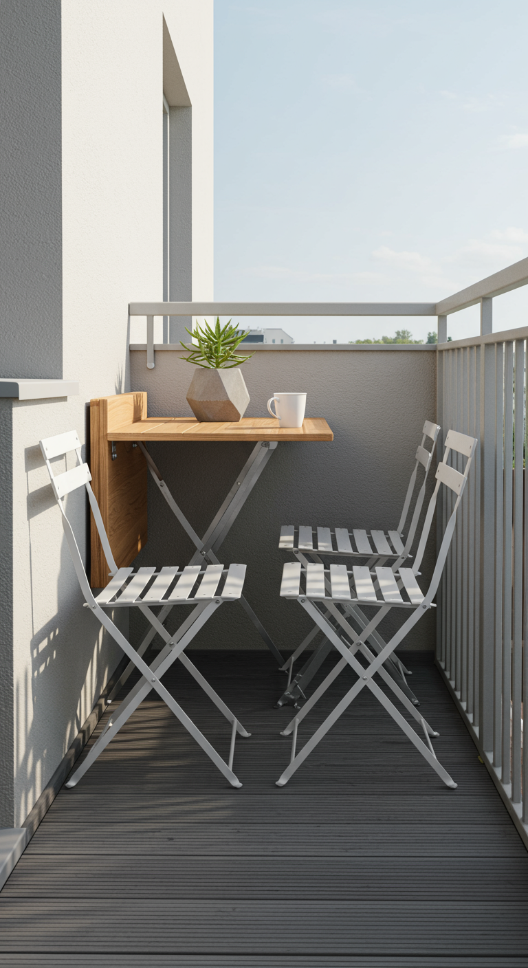 Kleiner Balkon mit wandmontiertem Klapptisch aus Holz und weißen Klappstühlen.