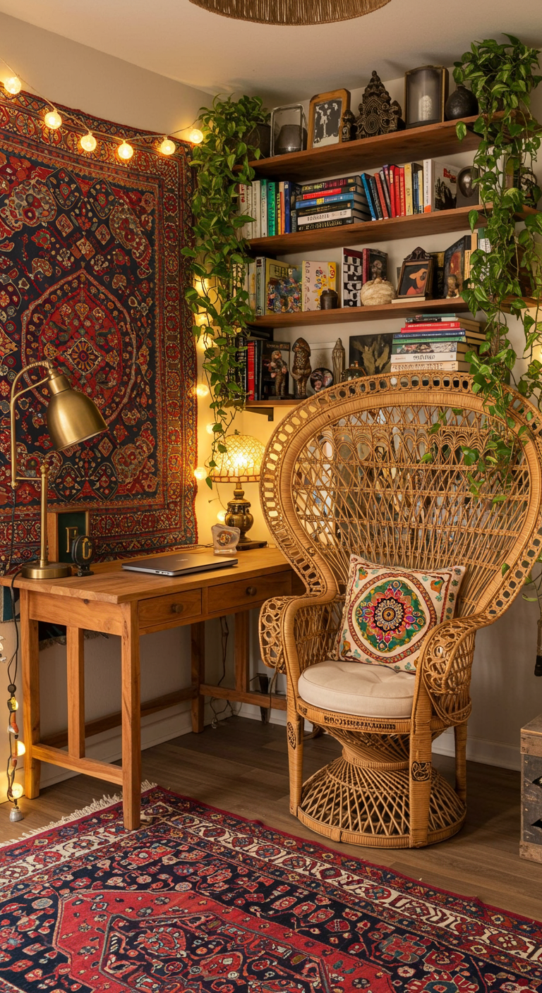 Gemütlicher Home-Office-Bereich im Boho-Stil mit Rattan-Pfauenstuhl, Pflanzen und Wandteppich.