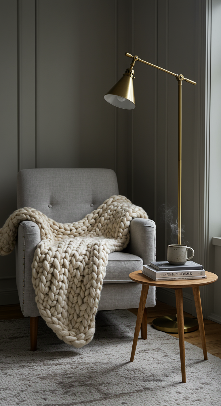 Grauer Sessel mit dicker Woll-Strickdecke, Stehlampe aus Messing und Beistelltisch.