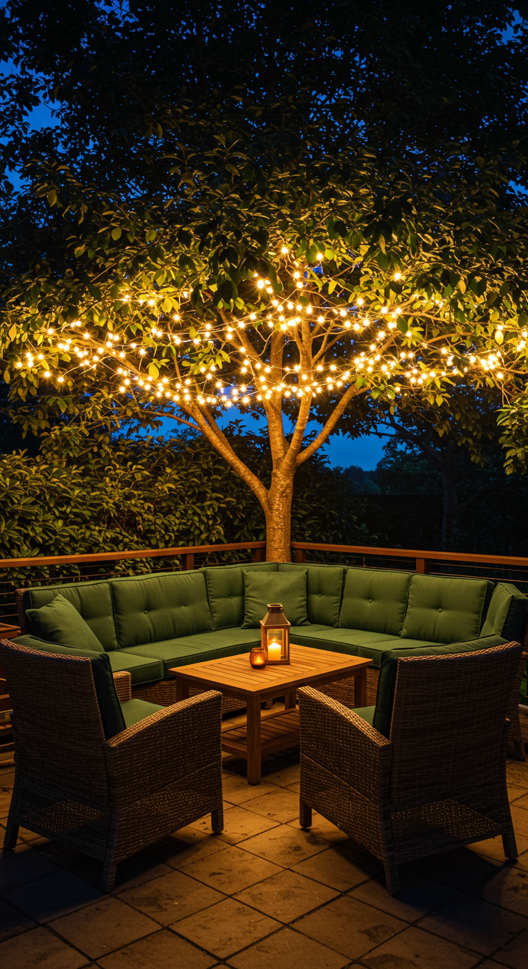 Lichterkette über einer gemütlichen Sitzecke auf der Terrasse bei Nacht