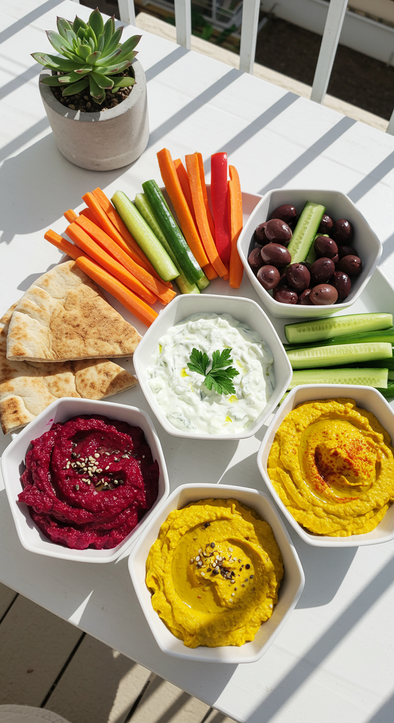 Bunte Dip-Platte mit Hummus, Tzatziki, Gemüsesticks und Pitabrot.