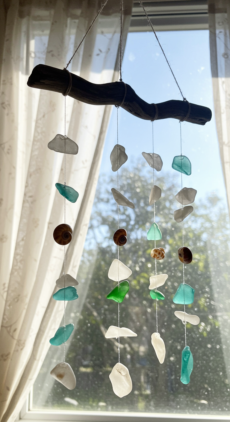 DIY Windspiel aus Treibholz, Seeglas und Muscheln am Fenster.