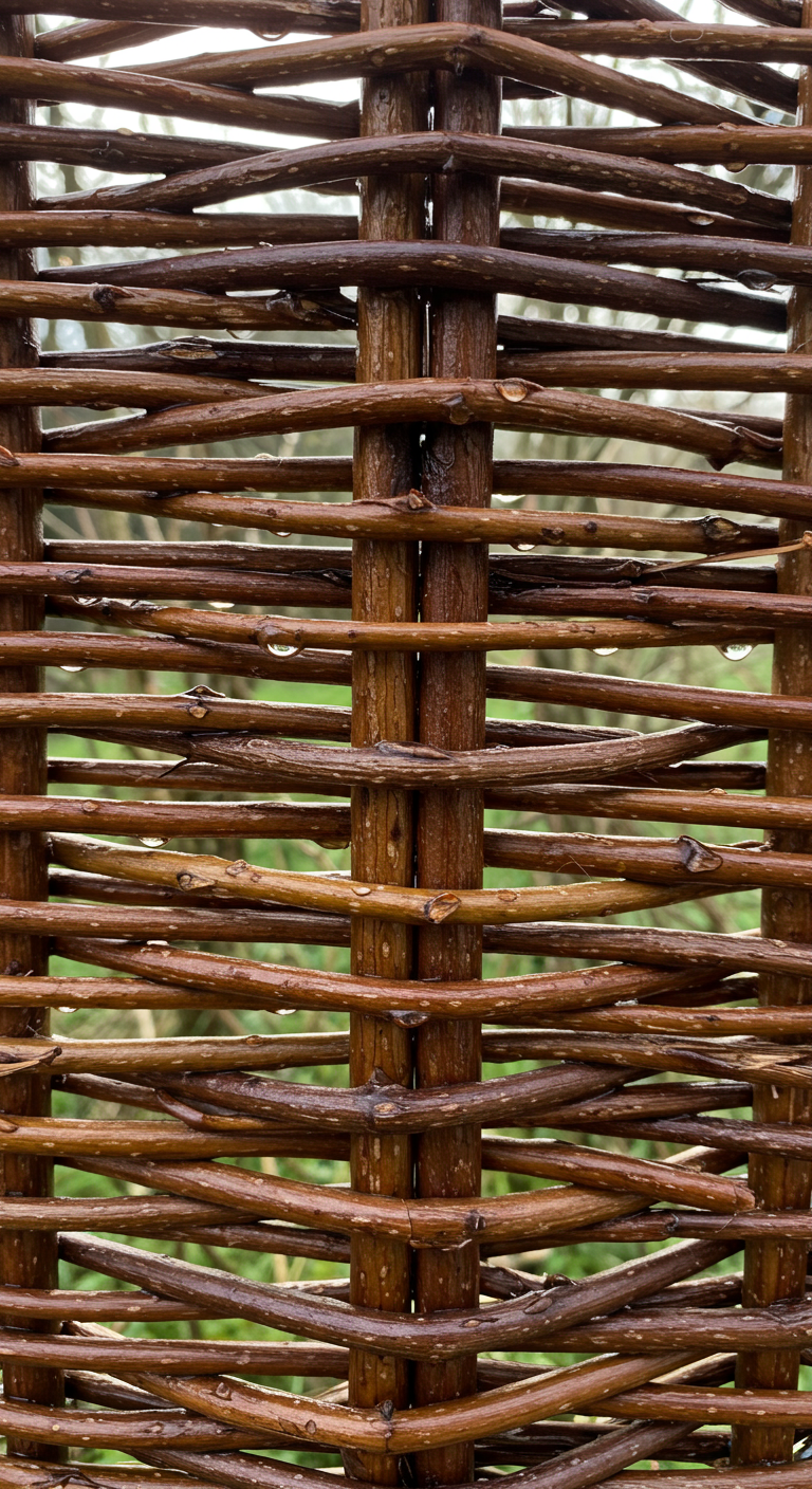 Detailaufnahme eines geflochtenen Sichtschutzzauns aus Weidenruten mit Wassertropfen.