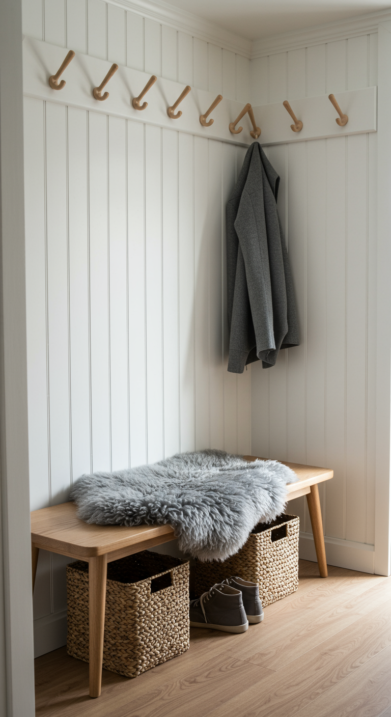 Heller Flur im Skandi-Stil mit Holzbank, Körben, Fell und Holzhakenleiste.