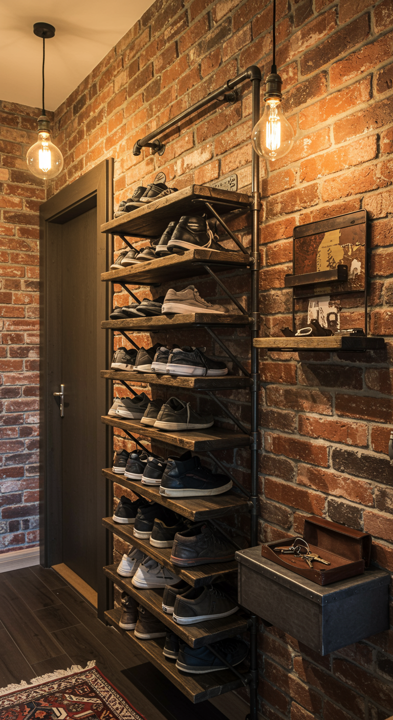 Hohes, schmales Schuhregal aus Metallrohren und Holz an einer Backsteinwand.