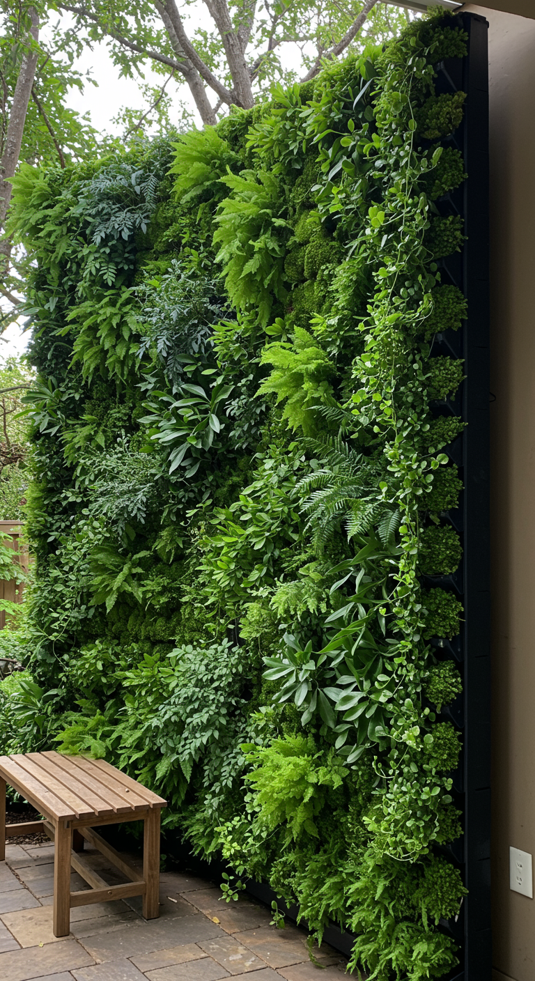 Üppige grüne Wand (Vertical Garden) als lebendiger Sichtschutz.